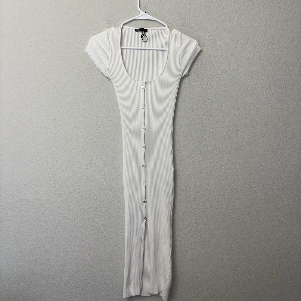 Zara White Ribbed Button Down Midi Dress Women's Size Medium M